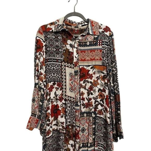 Boho Floral Geometric Quilt Square Pattern Long Sleeve Button-Down Shirt Kimono - Picture 2 of 16